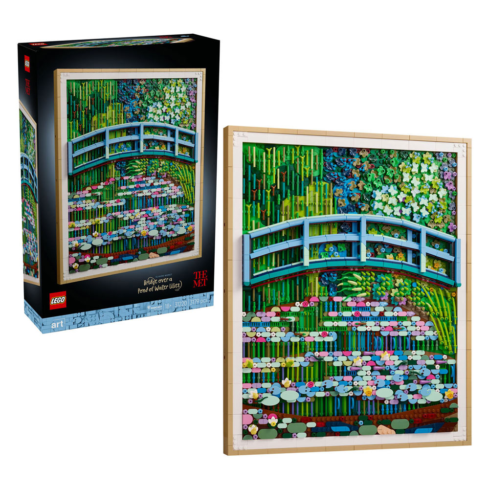 Lego art 31220 brug over een vijver met waterlelies