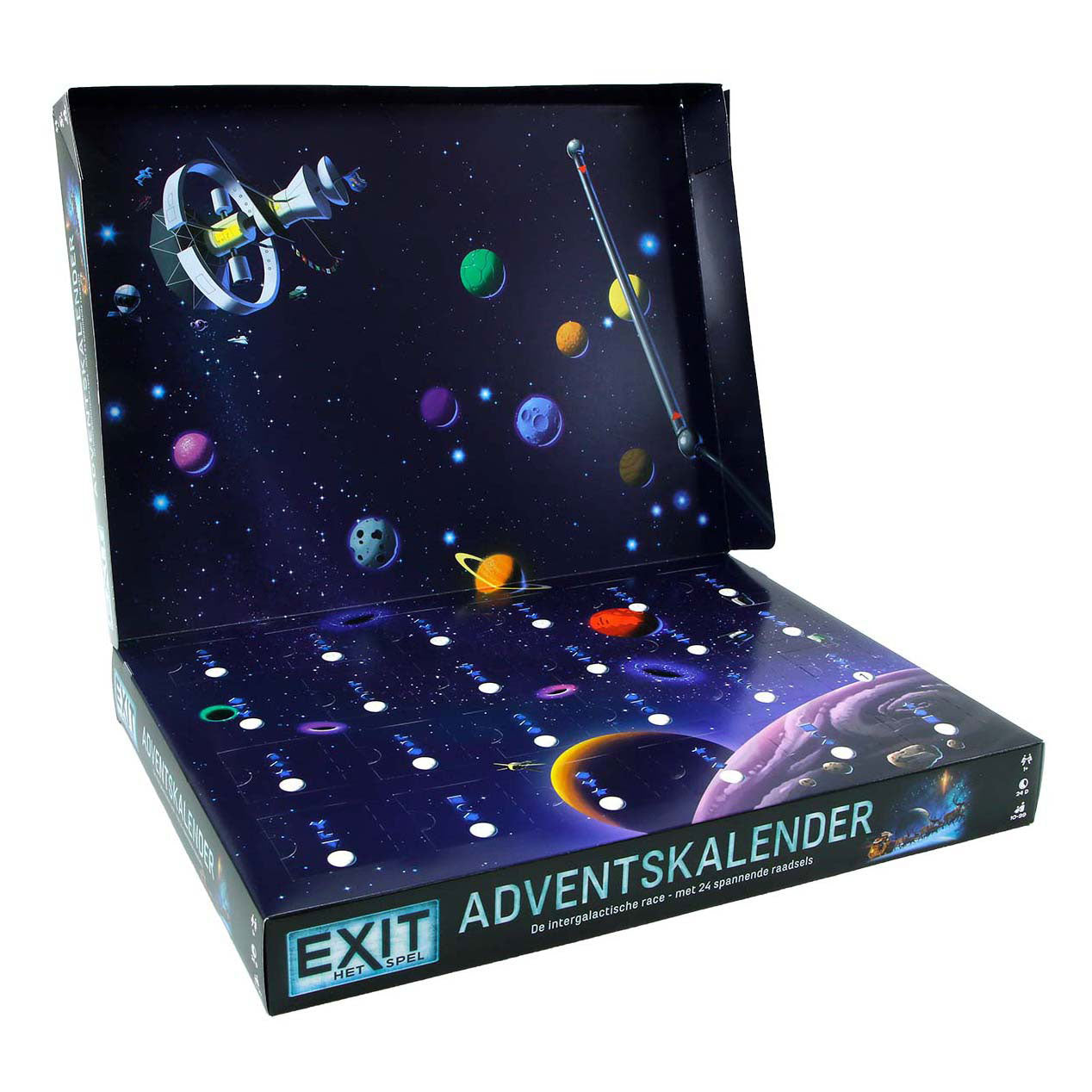 999Games 999 Games Exit Adventskalender: Das intergalaktische Rennen Brettspiel (Niederländisch, 1 Spieler, 24 Tage, ab 10 Jahren)