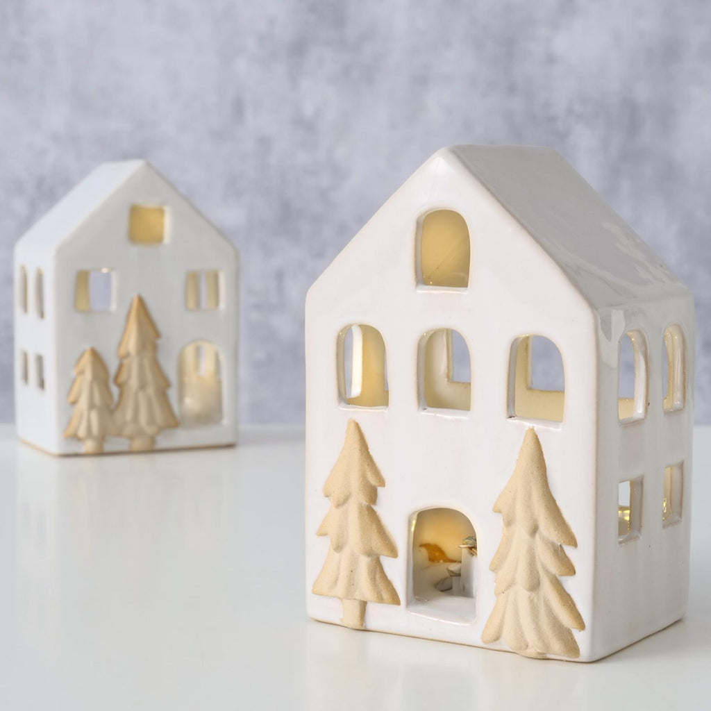 Boltze home deco huisje castle porselein met led h10,5cm ( exclusief 3x lr44 batterij)