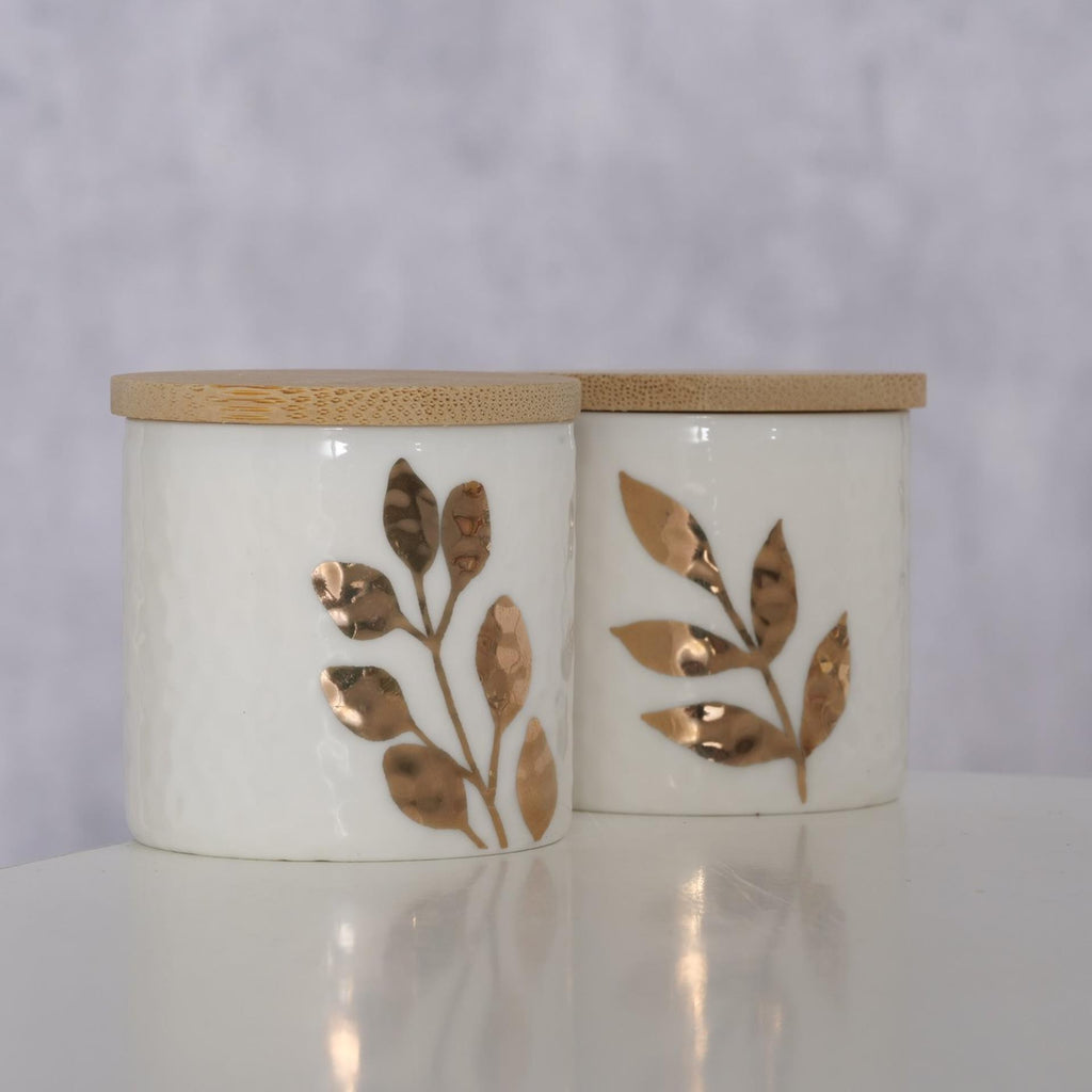 Boltze home voorraadpotje met blad goud 5x5cm