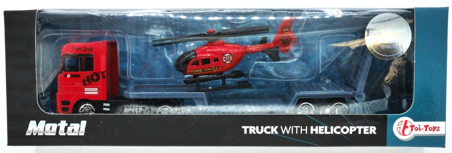 Toi-toys metal vrachtwagen met oplegger en helikopter