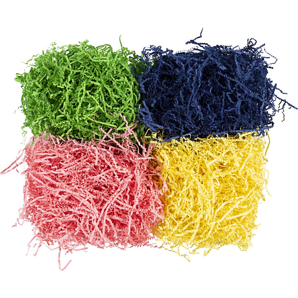 Crinkle papier, l: 25-30 cm, b: 3 mm, blauw, donkergroen, roze, geel, 4x50 gr 1 doos