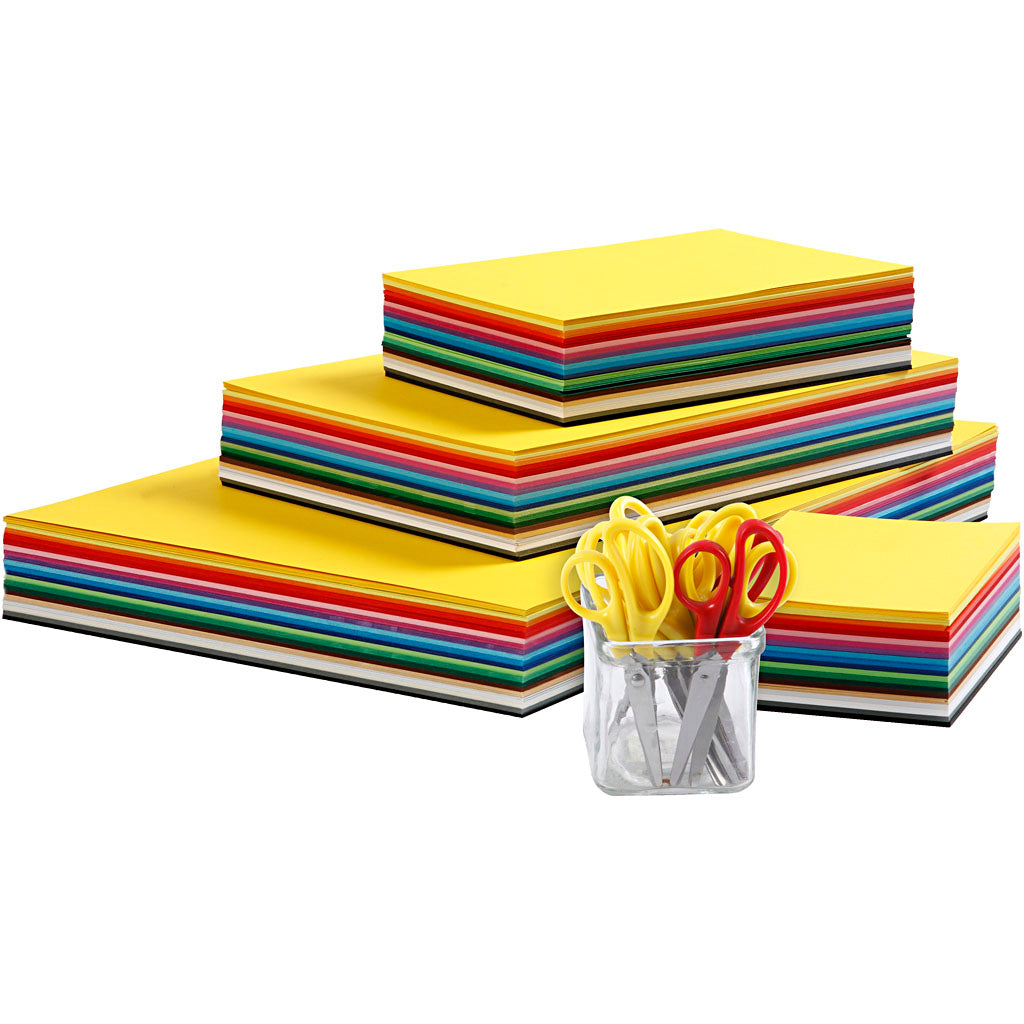 Gekleurd karton en kinderscharen, a3,a4,a5,a6, 180 gr, diverse kleuren, 1 set