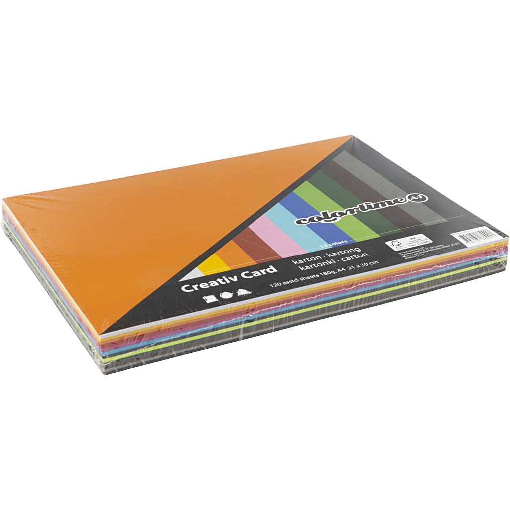 Creativ Company Farbkarton, A4, Blattgröße 210 x 297 mm, 180 g, verschiedene Farben, 12 x 10 Blatt, 1 Karton