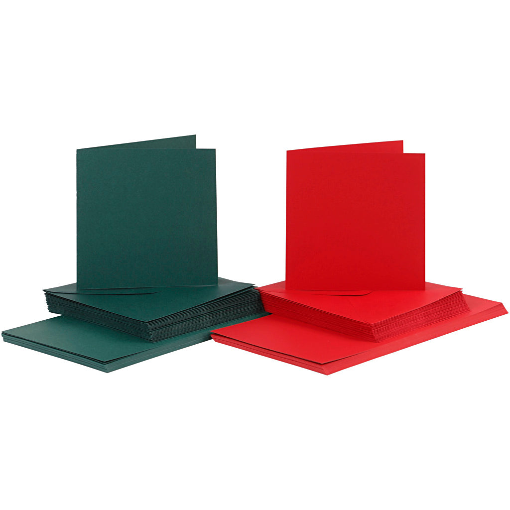 Kaarten en enveloppen, afmeting kaart 15x15 cm, afmeting envelop 16x16 cm, 110+230 gr, groen, rood, 50 set 1 doos