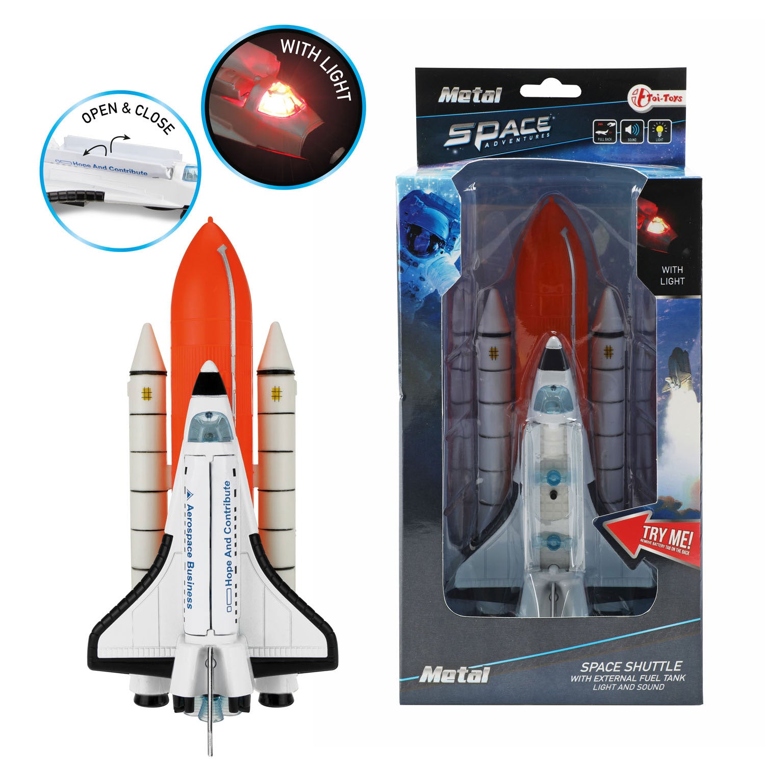 Metal space shuttle met externe brandstoftank licht en geluid
