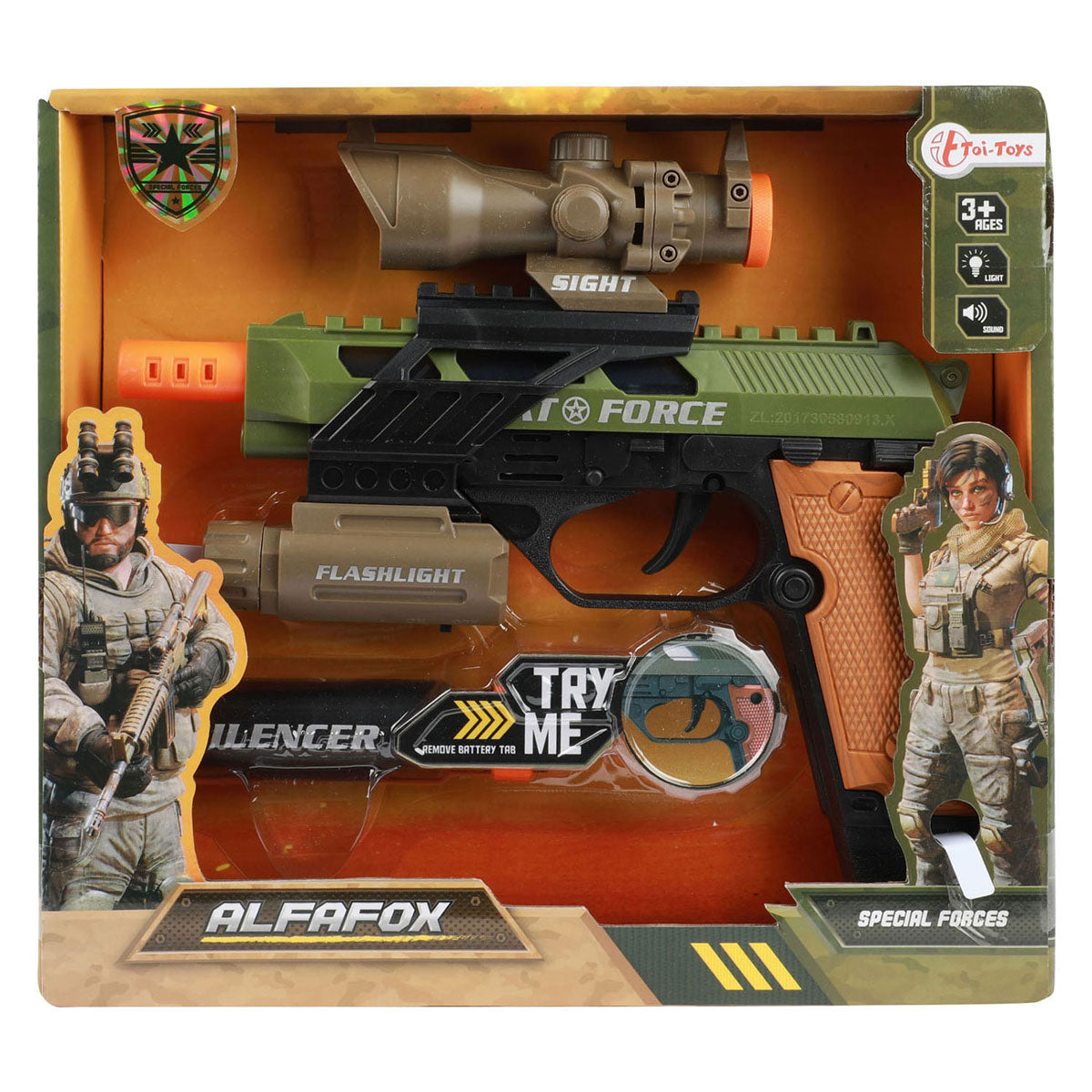 Toi-toys alfafox militair pistool met demper + zaklamp + licht en geluid