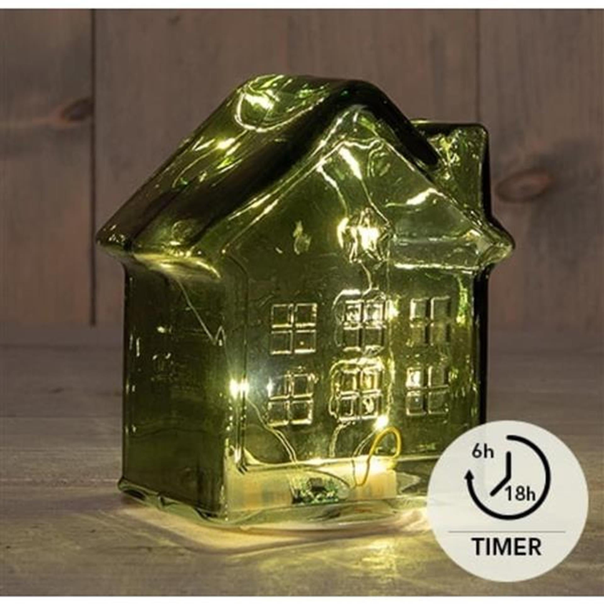 Anna's collection led huisje glas groen h14cm