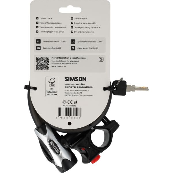 Simson spiraalkabelslot pro size xxl - 12mm x 180cm