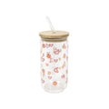 Drinkglas met rietje en bamboe deksel bloemprint 500ml ø7.5x15cm
