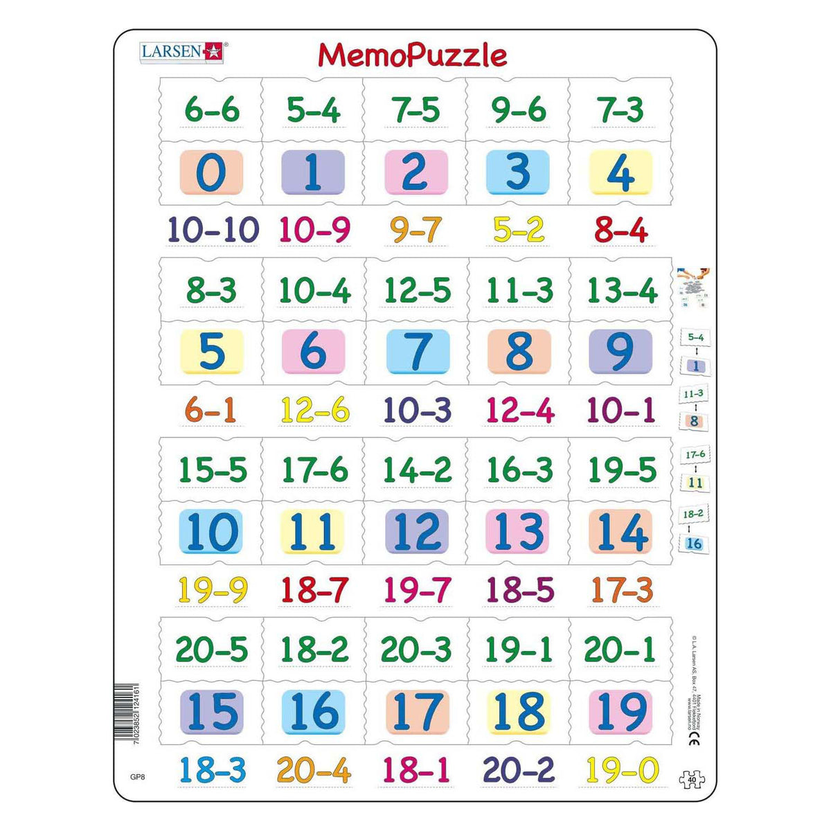 Selecta Larsen Memo-Puzzle - Subtraktion mit Zahlen von 0-20, 40 Teile.