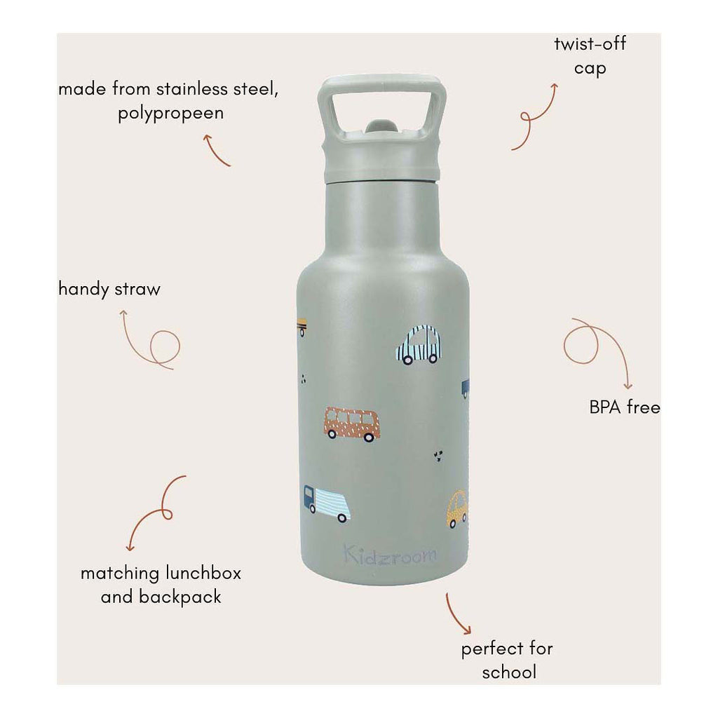 Kidzroom sweet cuddles - schoolbeker en drinkfles - 350ml - stainless steel - auto's - groen