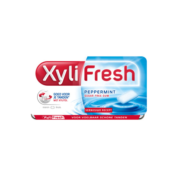 Xylifresh peppermint gum doos suikervrije kauwgom - verfrisser - voordeelverpakking met 24 pakjes à 18 g. suikervrije kauwgom met xylitol. aanbevolen door het ivoren kruis. voor voelbaar schone tanden