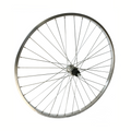 Hinterrad: 28x1 5/8x1 3/8 Aluminiumfelge, silber. Vollachse, Kassettennabe, 7/8-fach, 14 Speichen.
