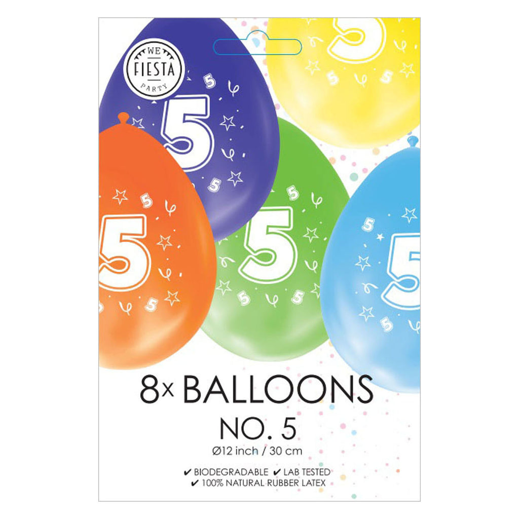 Globos Ballons, beidseitig bedruckt, Zahl 5, 8 Stück.