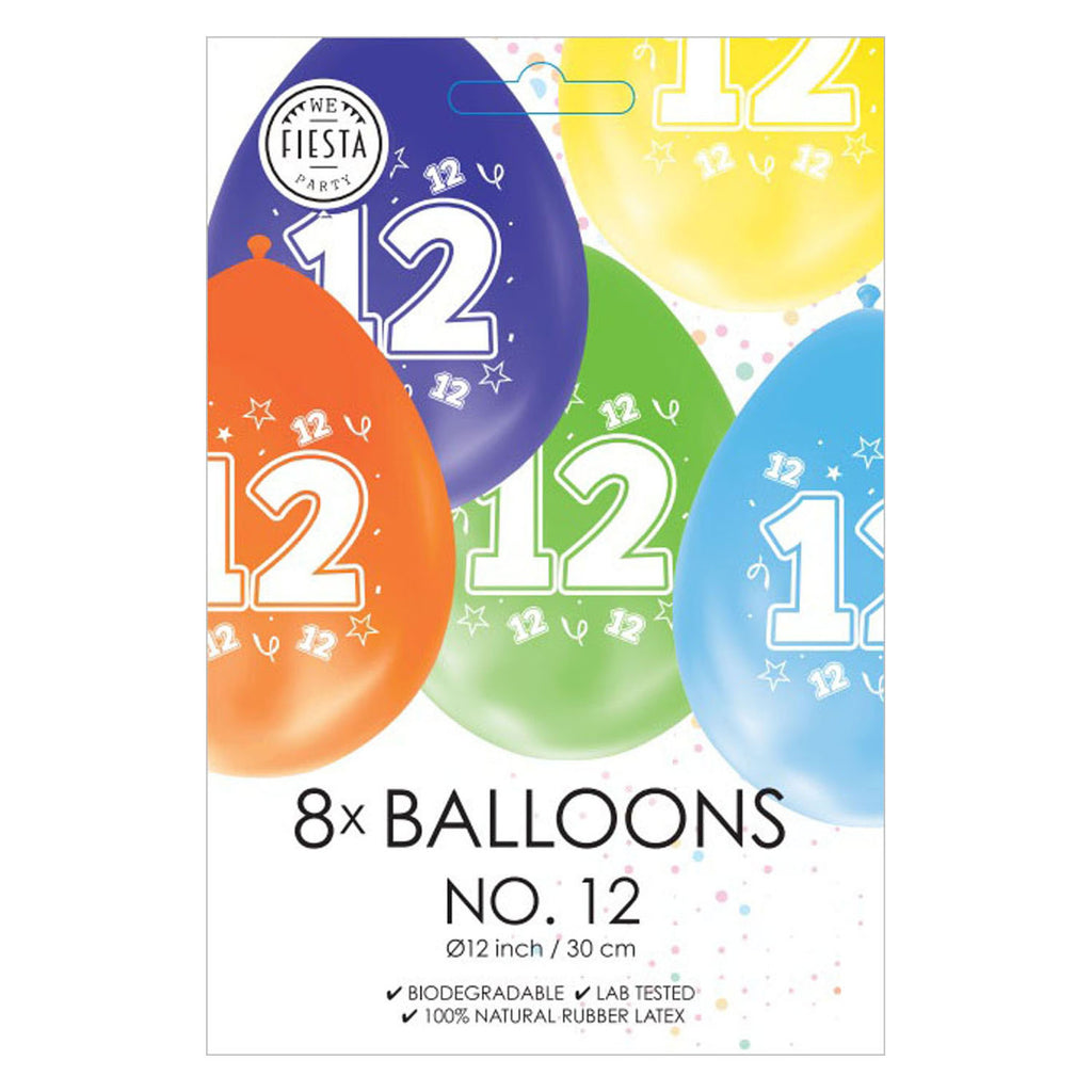 Globos Ballons, beidseitig bedruckt, Zahl 12, 8 Stück.