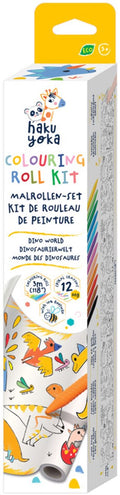Haku yoka : kleurrol kit dino wereld 30x300cm, inclusief 12 waskrijtjes in spiraalvorm, afscheurbaar en zelfklevend, bevat 10% bijenwas, in doos 6,5x6,5x35cm, 3+