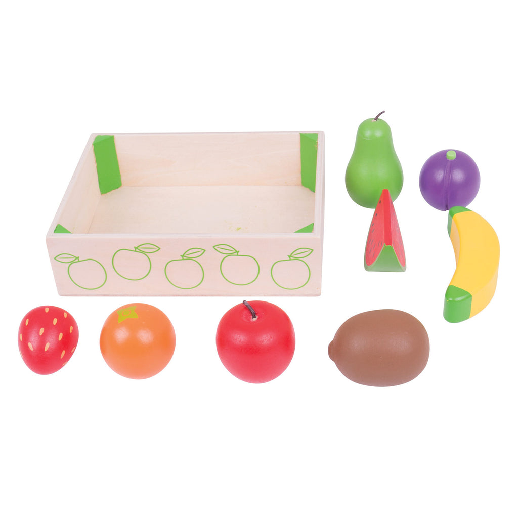 Bigjigs Holzkiste mit Obst, 9 Stück.