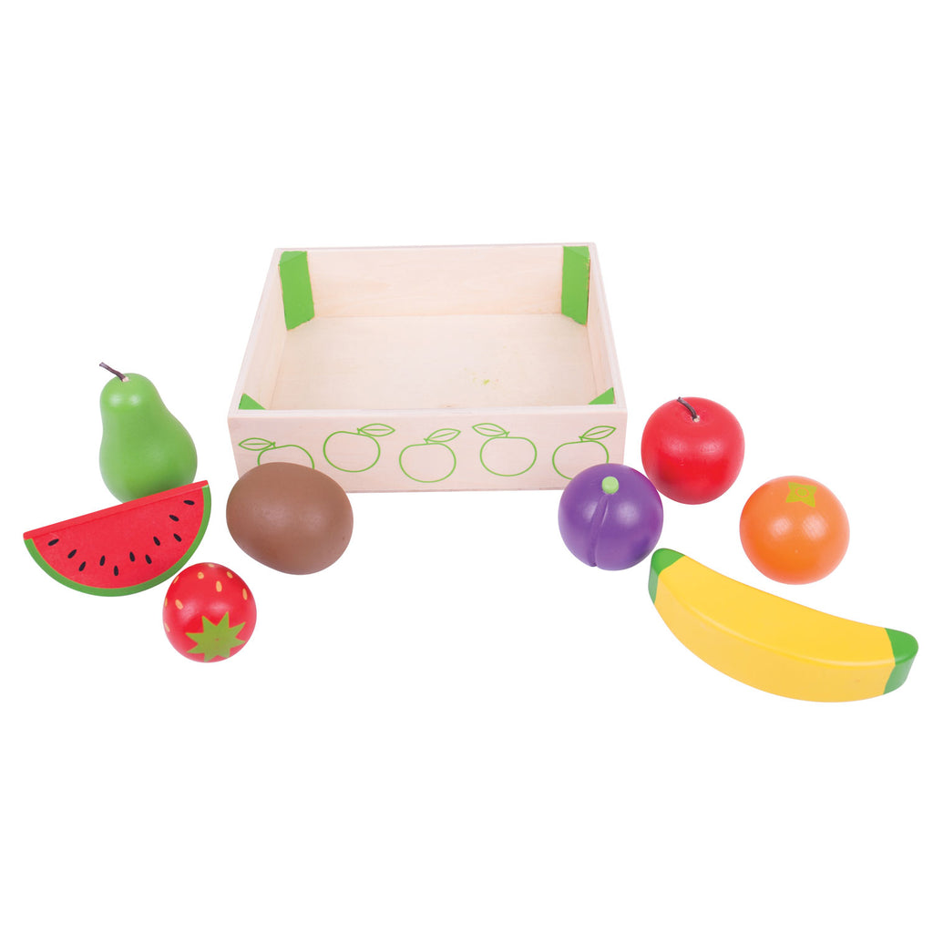 Bigjigs Holzkiste mit Obst, 9 Stück.