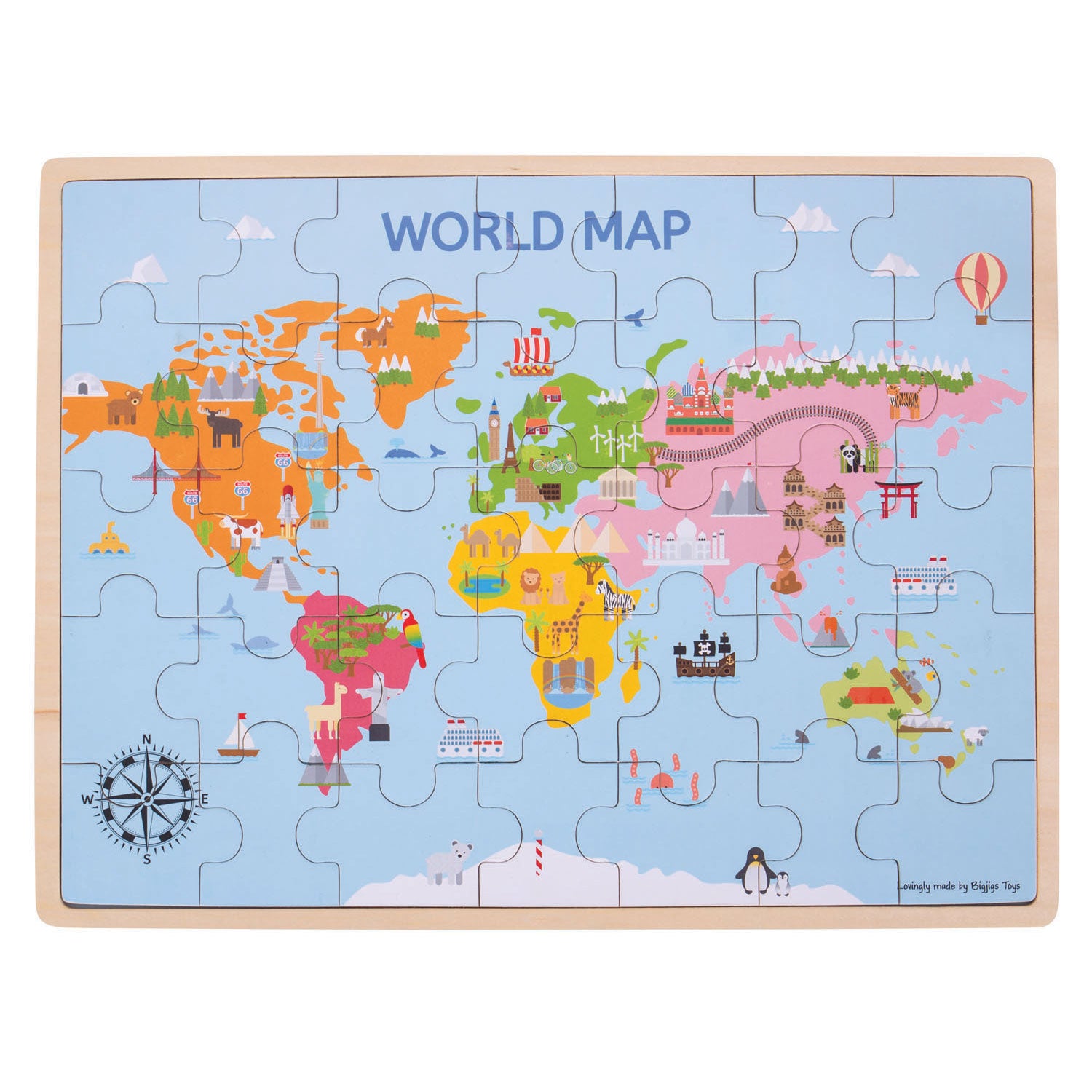 Bigjigs Weltkartenpuzzle aus Holz, 35 Teile.