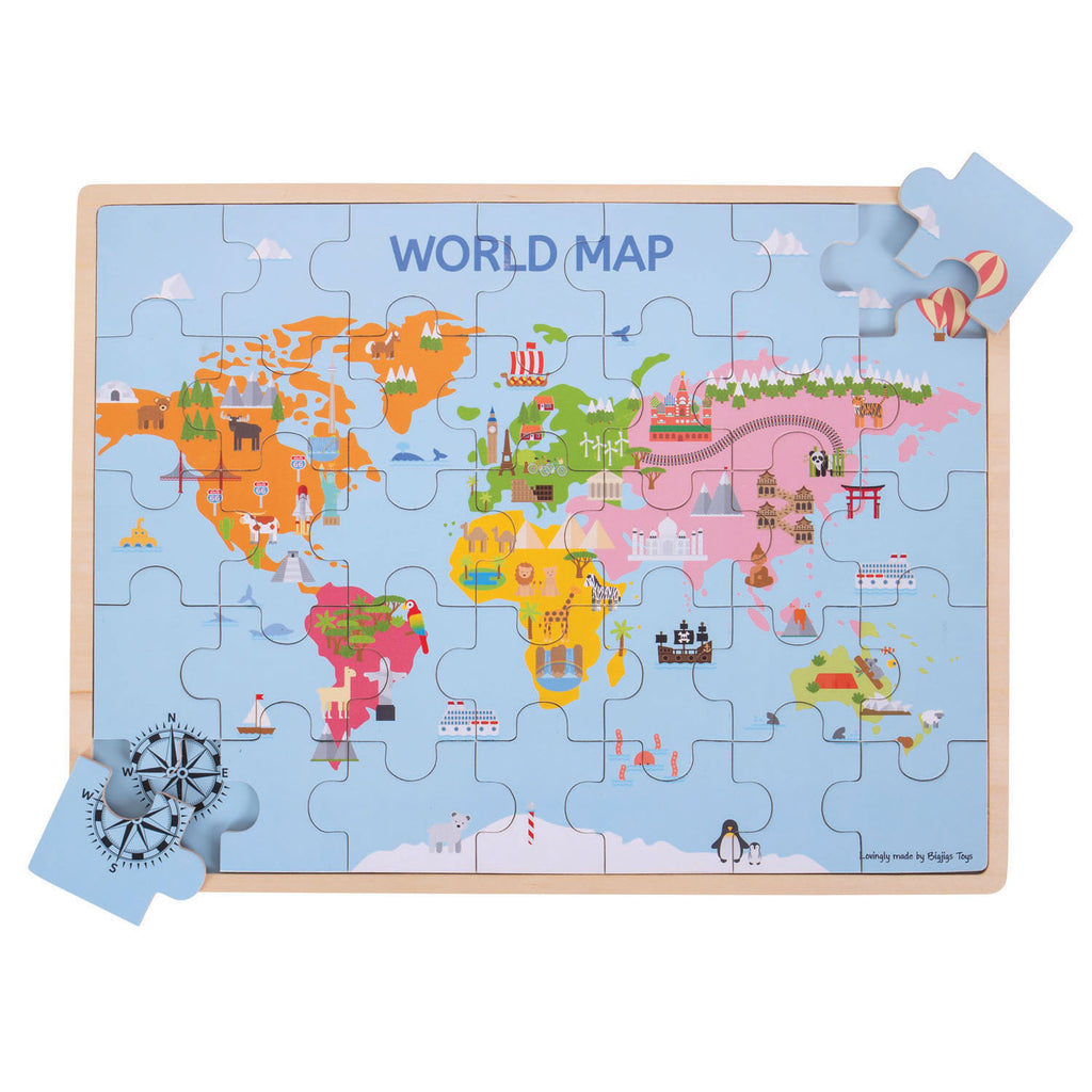 Bigjigs Weltkartenpuzzle aus Holz, 35 Teile.