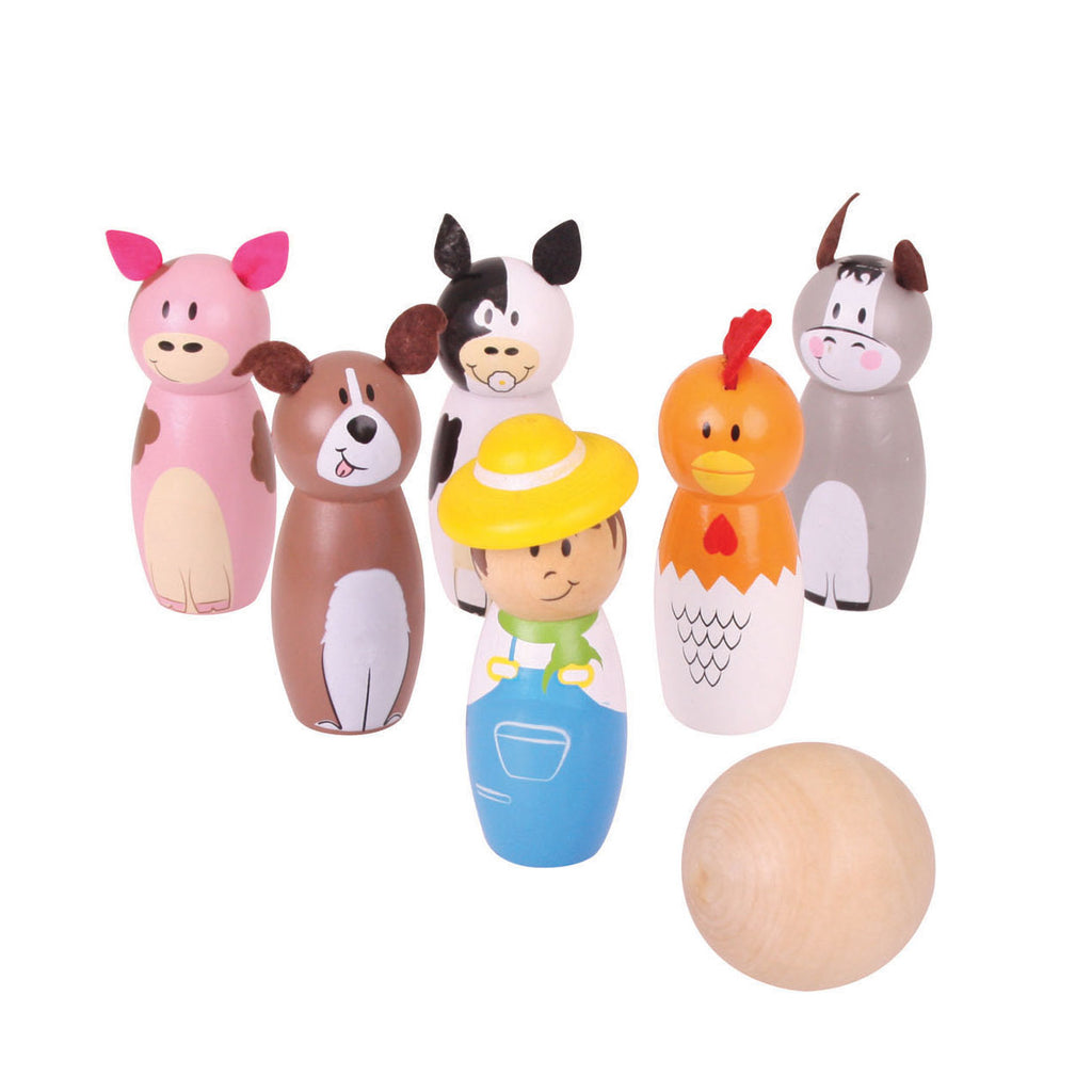Bigjigs Holz-Bowlingset Bauernhof, 7-teilig.