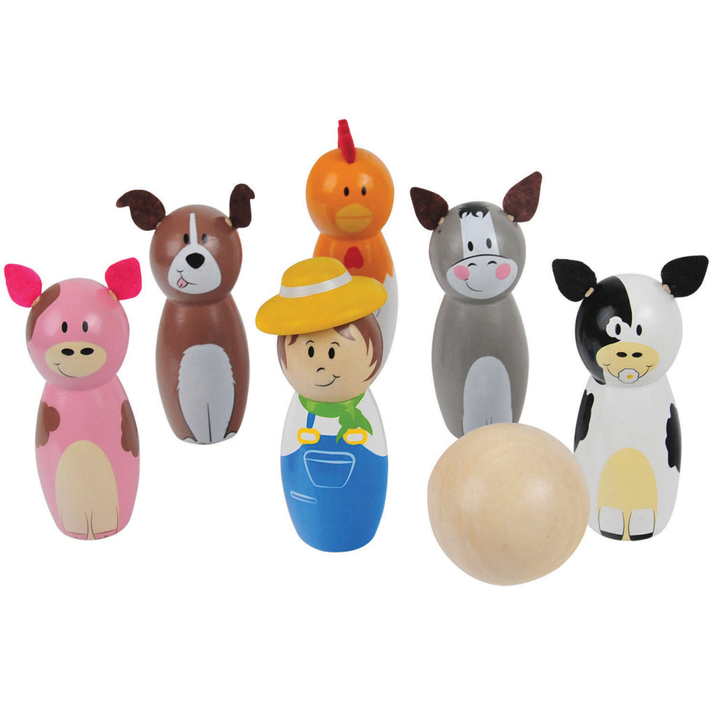 Bigjigs Holz-Bowlingset Bauernhof, 7-teilig.