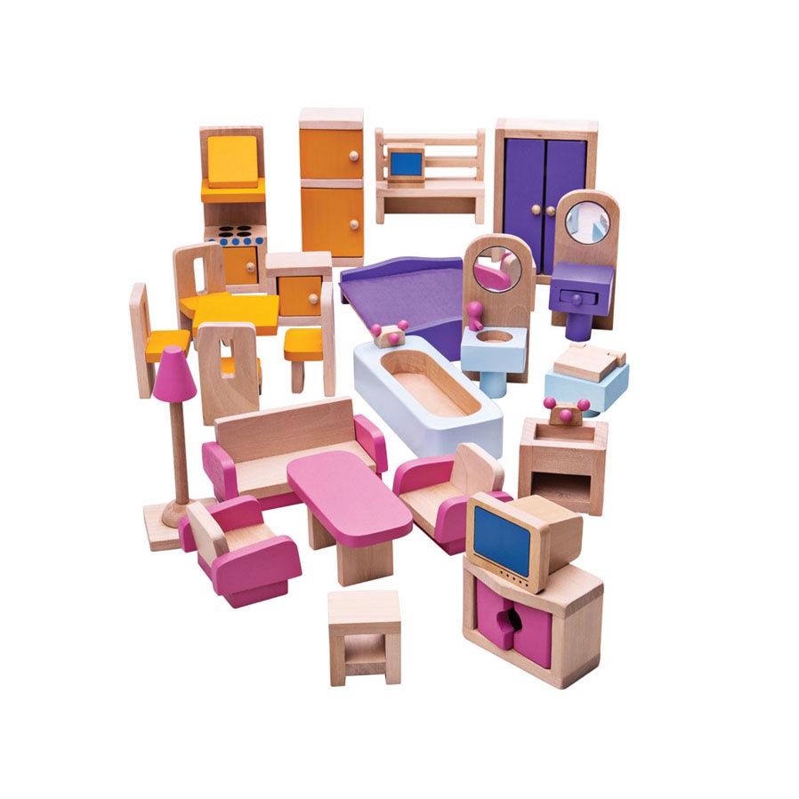 Bigjigs houten poppenhuis meubels, 27dlg.