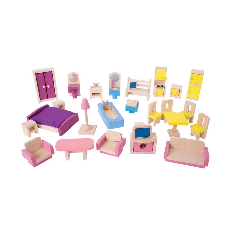 Bigjigs houten poppenhuis meubels, 27dlg.