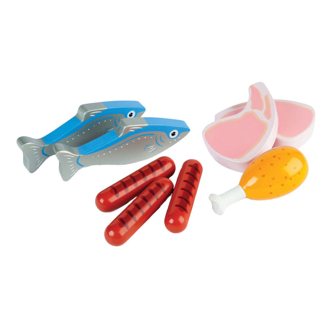 Tidlo Holzspielzeug-Lebensmittel Fleisch und Fisch in Schachtel, 8-teilig.