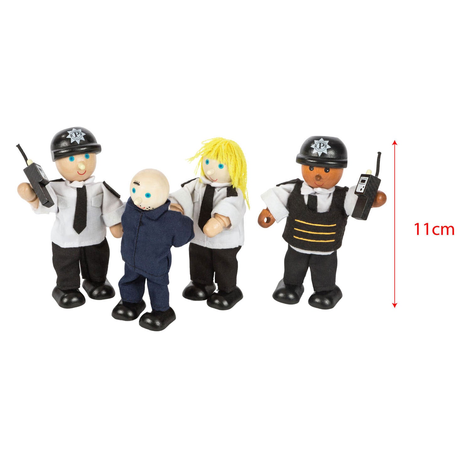 Tidlo Holzpuppenhaus-Puppen Polizei und Räuber, 4er-Set.