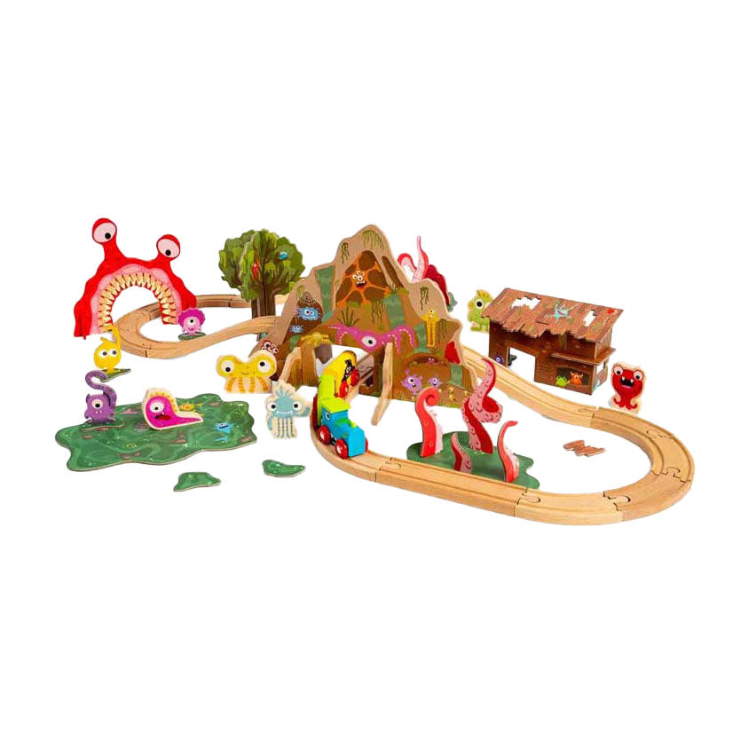 Bigjigs Monster-Eisenbahnset aus Holz, 50-teilig.