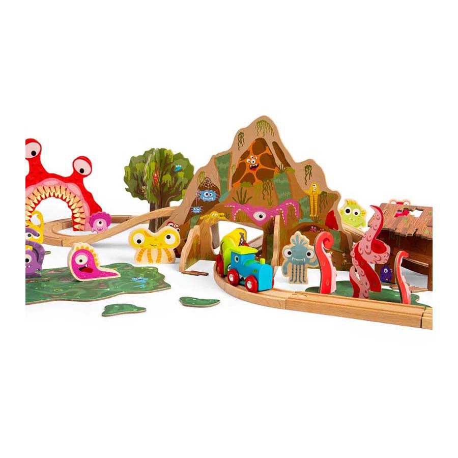 Bigjigs Monster-Eisenbahnset aus Holz, 50-teilig.
