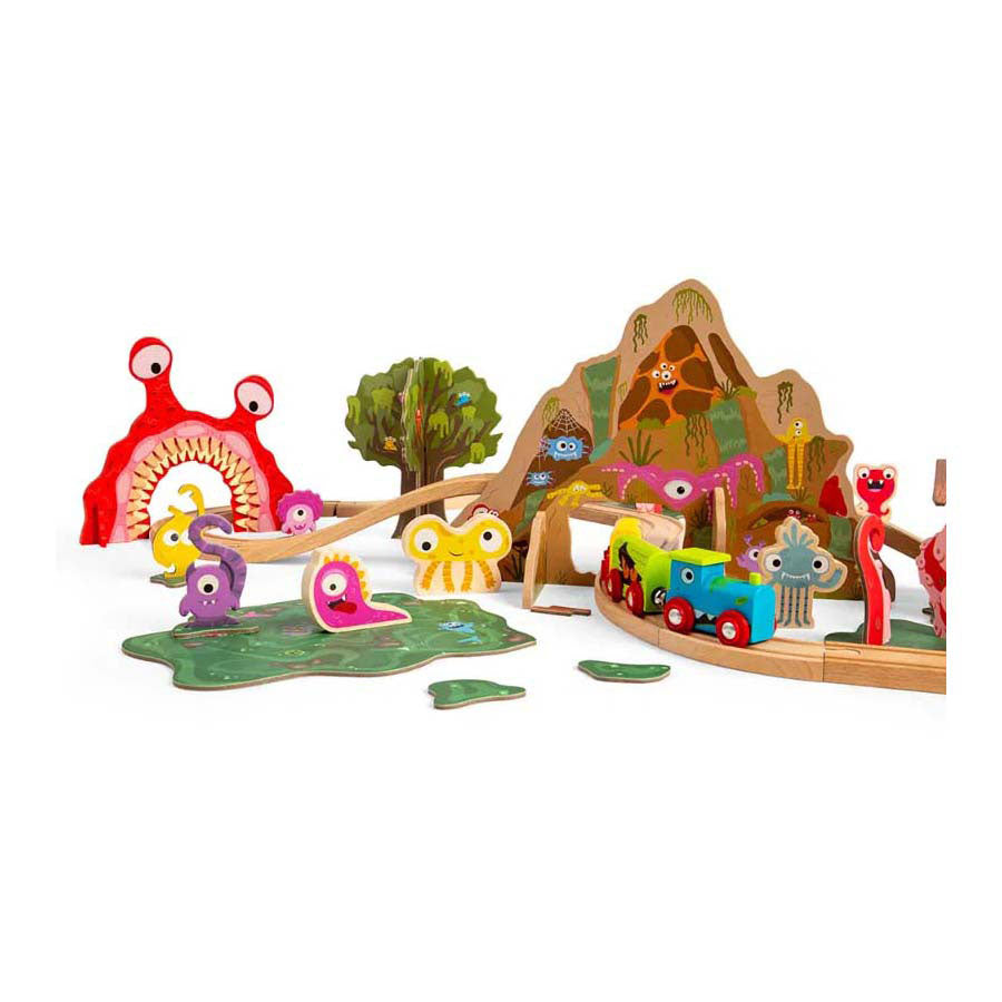 Bigjigs Monster-Eisenbahnset aus Holz, 50-teilig.