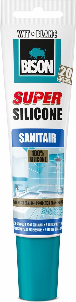 Bison super silicone sanitair wit tube 150 ml, waterbestendige siliconenkit, langdurige kleurbescherming, ongevoelig voor schimmel, makkelijk te verwerken