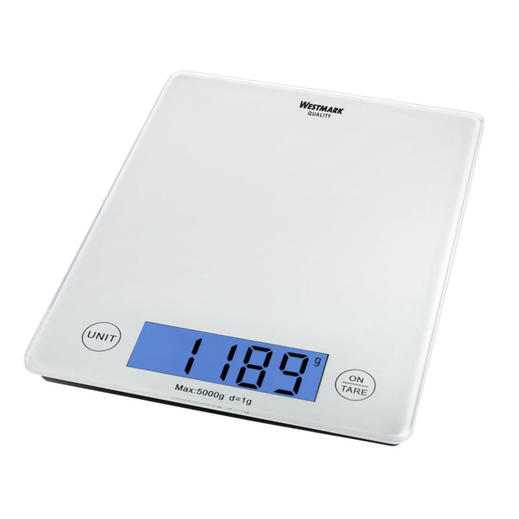 Westmark digitale keukenweegschaal met tarrafunctie, weegbereik tot 5 kg, glazen weegoppervlak, 23 x 18 x 1,8, matglas, elegantie, wit transparant, 30332260