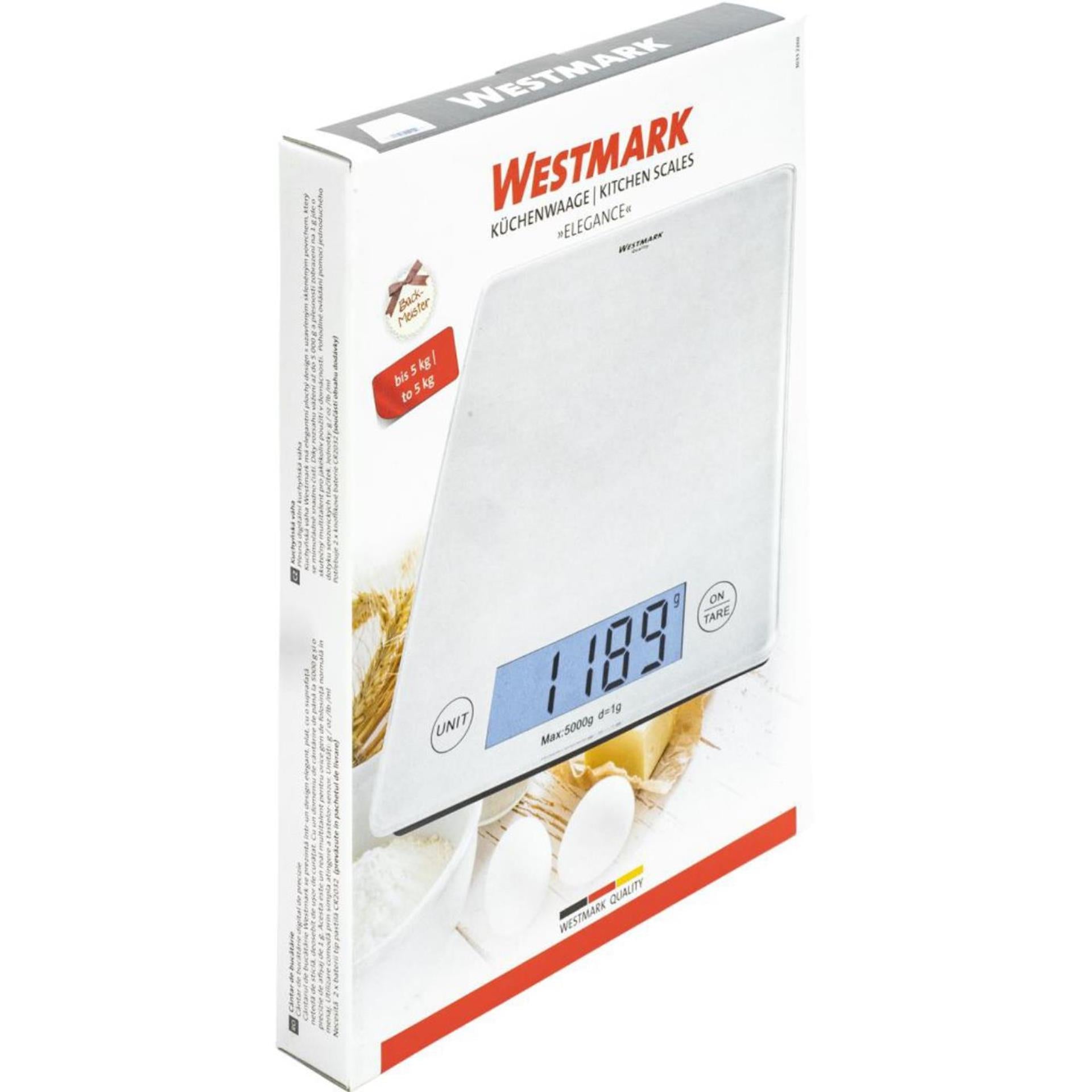 Westmark digitale keukenweegschaal met tarrafunctie, weegbereik tot 5 kg, glazen weegoppervlak, 23 x 18 x 1,8, matglas, elegantie, wit transparant, 30332260