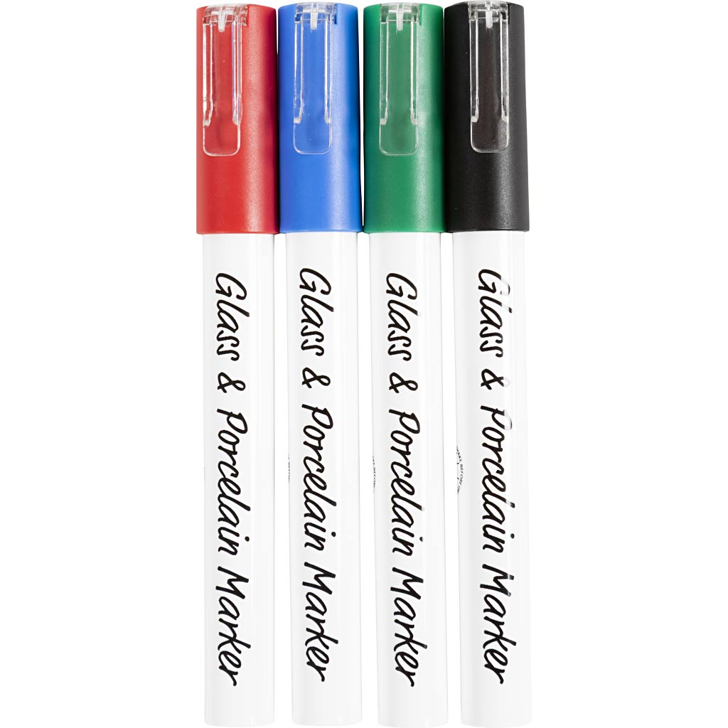 Creativ Company Glas porseleinstiften lijndikte 1,2 mm semi dekkend zwart blauw groen rood 4 stuks 1 doos