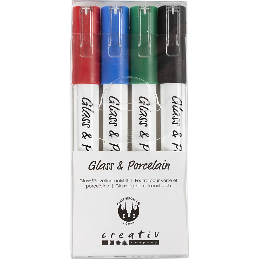 Creativ Company Glas porseleinstiften lijndikte 1,2 mm semi dekkend zwart blauw groen rood 4 stuks 1 doos