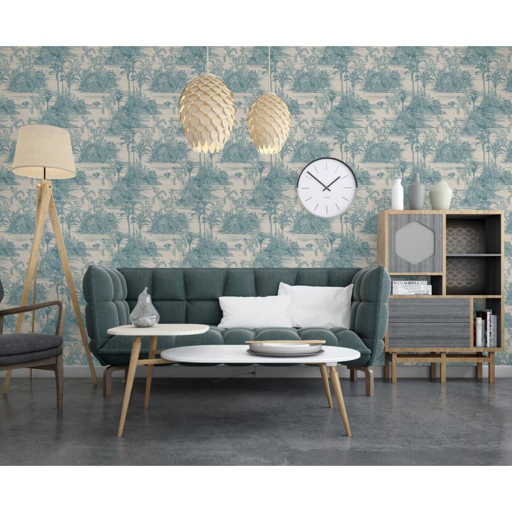 Niederländische Wandmalerei, niederländische Wandmalerei-Tapete, tropisches Beige und Hellblau