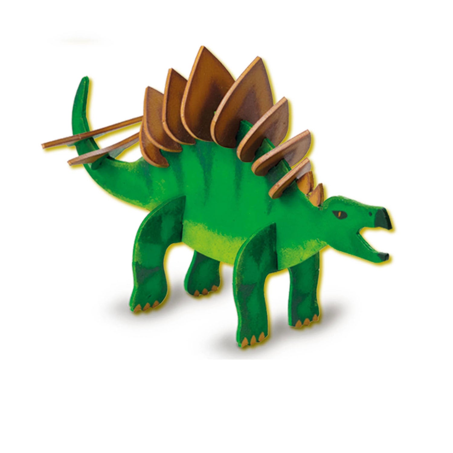 Sechs hölzerne Dinosaurier, die im Dunkeln leuchten