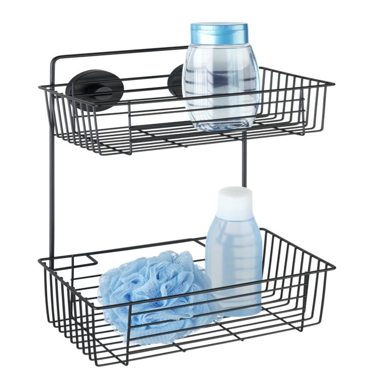 Wenko vacuum-loc wandrek 2-laags bari mat zwart 26x17x38cm - doucherek - douchemand - bevestigen zonder boren