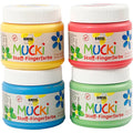 Mucki textiel vingerverf - 4 x 150 ml vingerverf voor textiel - kleuren geel, rood, blauw groen