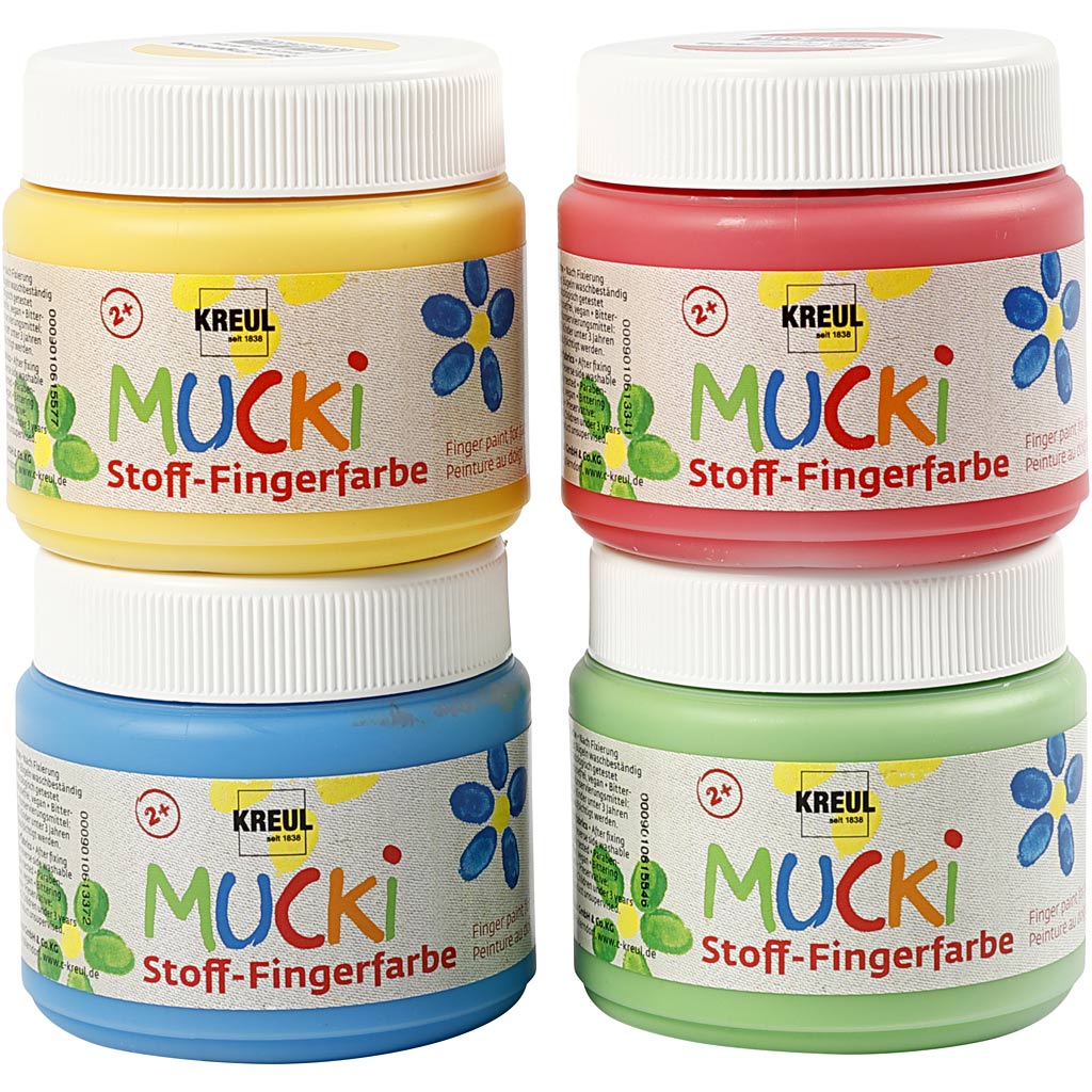Mucki textiel vingerverf - 4 x 150 ml vingerverf voor textiel - kleuren geel, rood, blauw groen