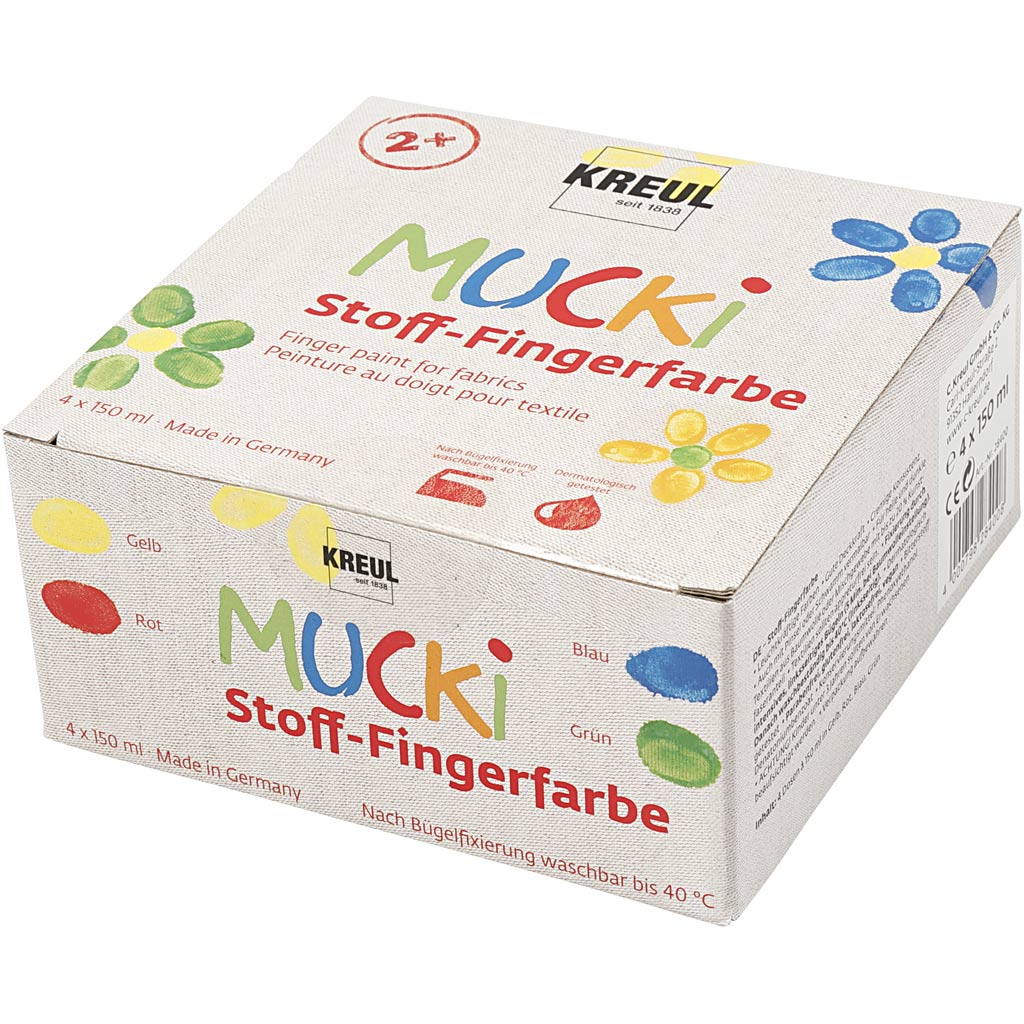 Creativ company muck vingerverf blauw groen rood geel, 4x150ml
