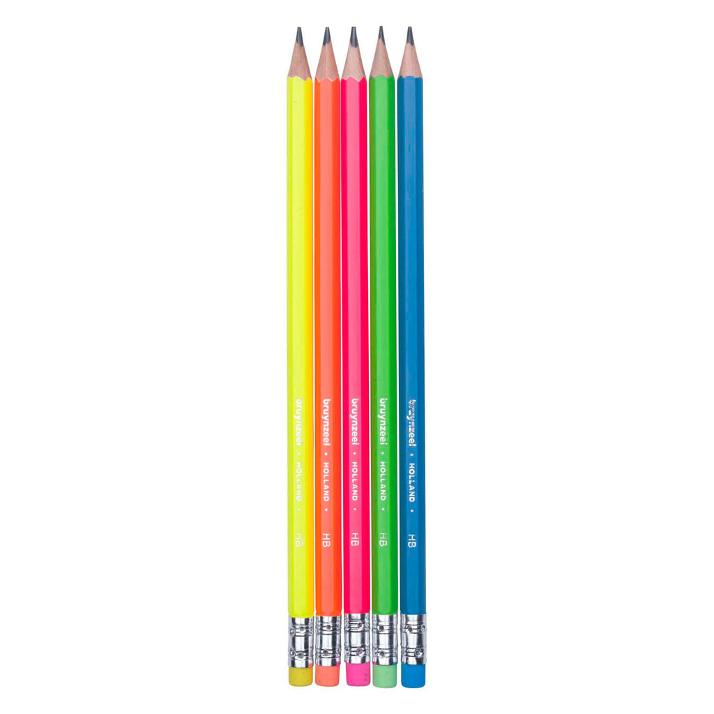 Bruynzeel grafietpotlodenset neon, 5 hb potloden met gum