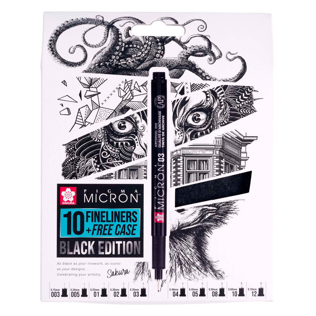 Sakura Pigma Micron Black Edition Set + Gratis Federmäppchen | 10 Stifte, schwarz