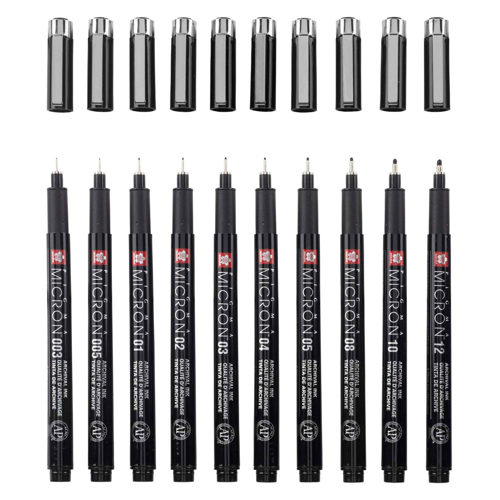 Sakura Pigma Micron Black Edition Set + Gratis Federmäppchen | 10 Stifte, schwarz