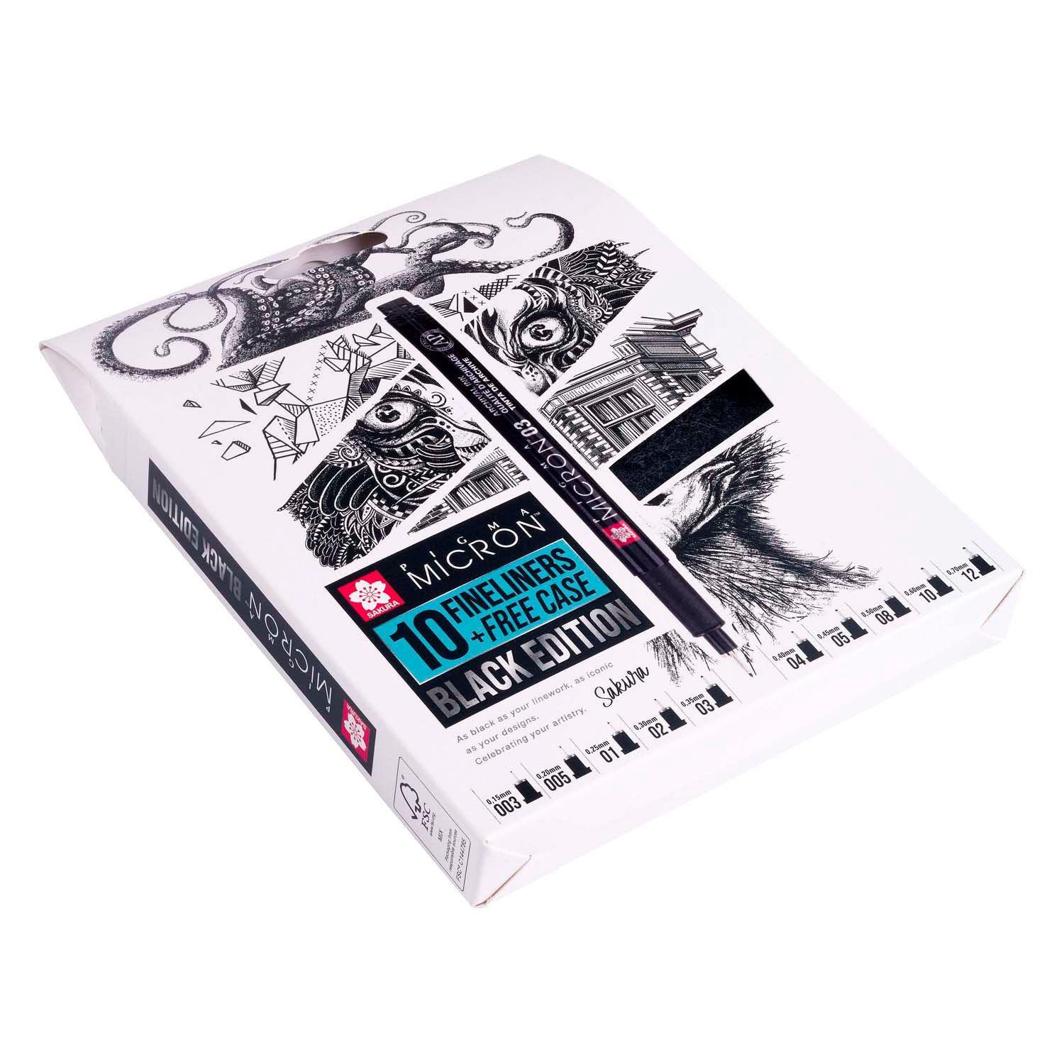 Sakura Pigma Micron Black Edition Set + Gratis Federmäppchen | 10 Stifte, schwarz