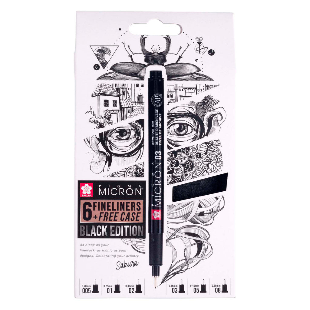 Sakura Pigma Micron Black Edition Set inklusive kostenloser Hülle, 6-teilig